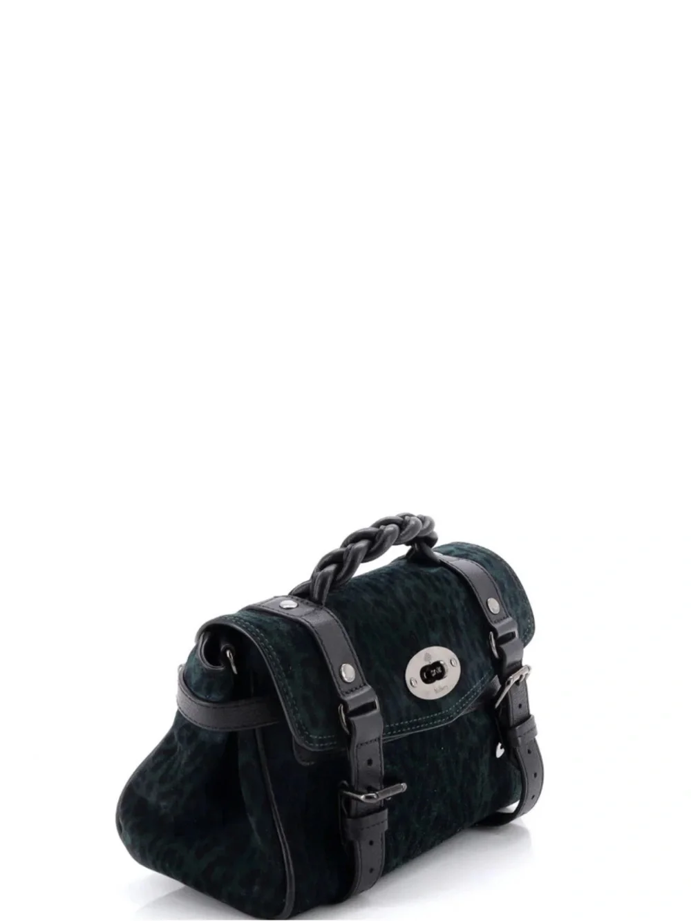 Mulberry Dark Green Leopard-Print Satchel with Black Leather Trim